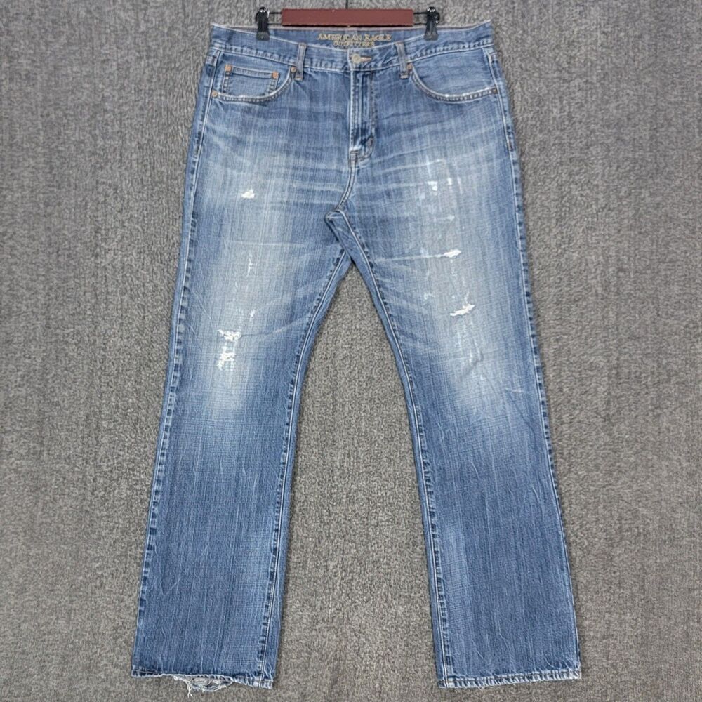 American Eagle Jeans Mens 37x32* Blue Original Boot Ripped Distressed Denim